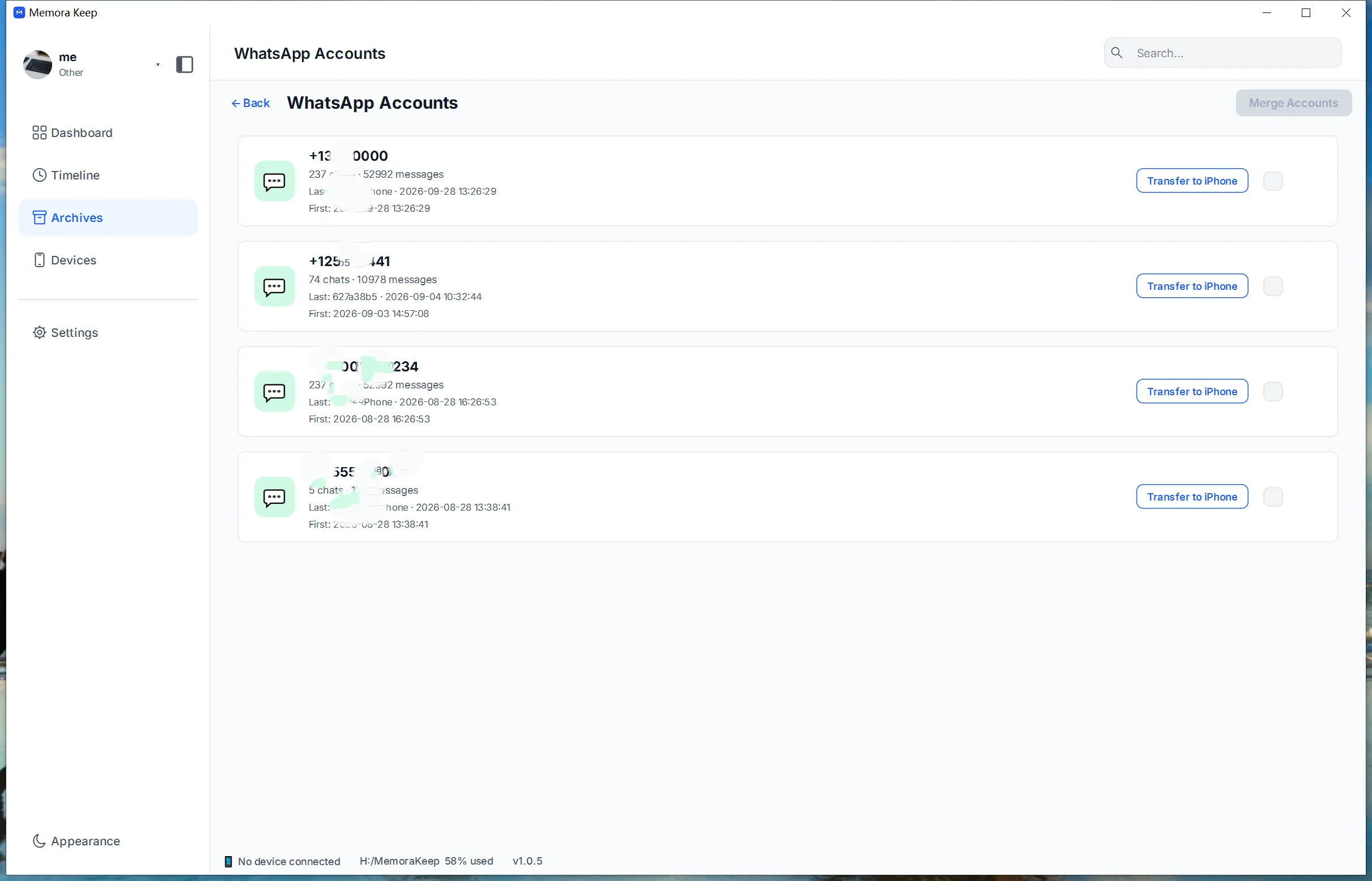 The merged WhatsApp account listed with the other accounts