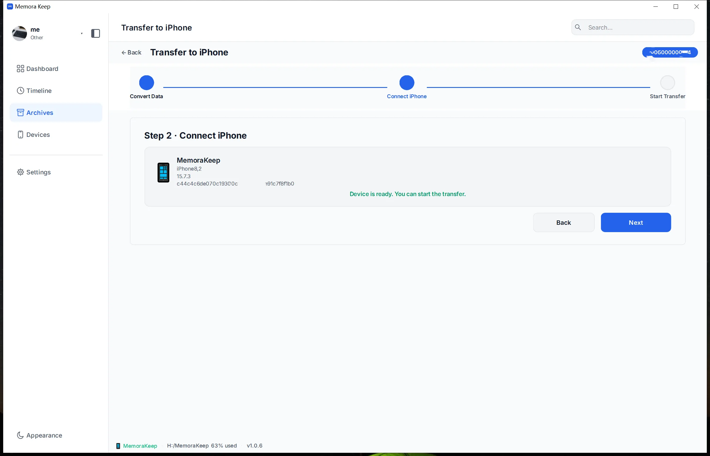 Connecting an iPhone to transfer WhatsApp data from the local archive