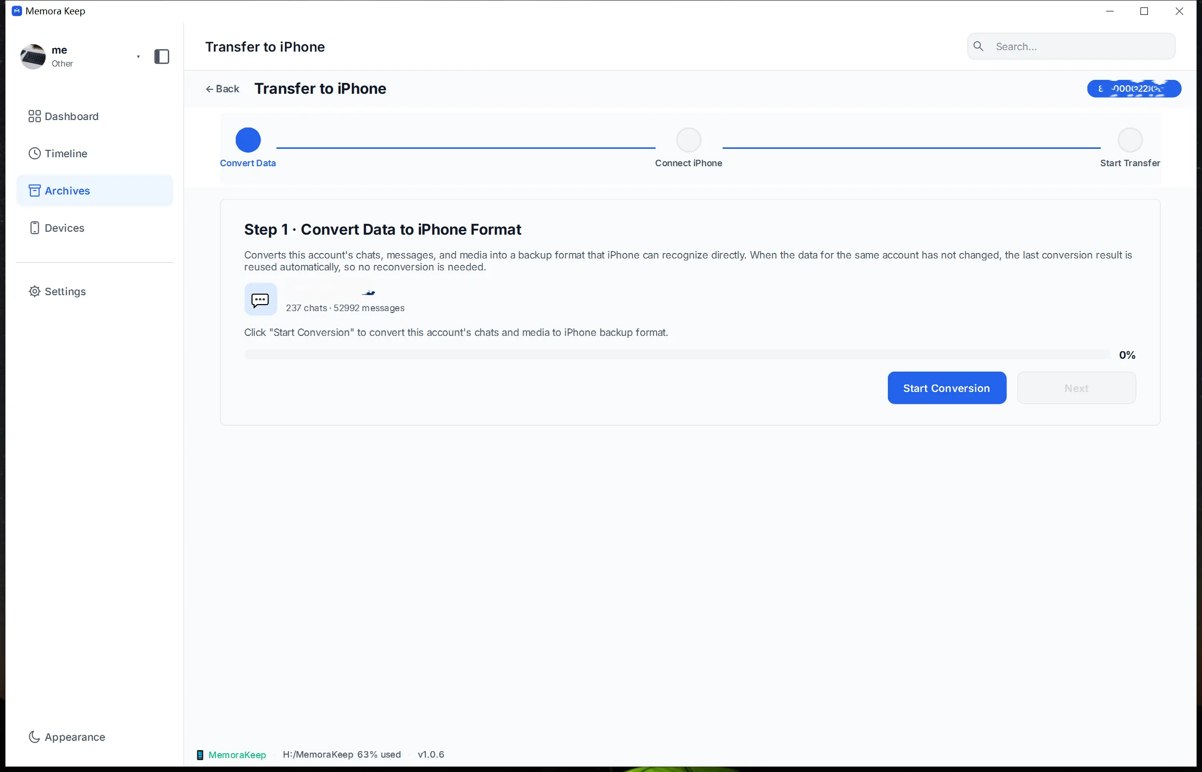 Transfer WhatsApp data to iPhone in the Memora Keep client on Windows