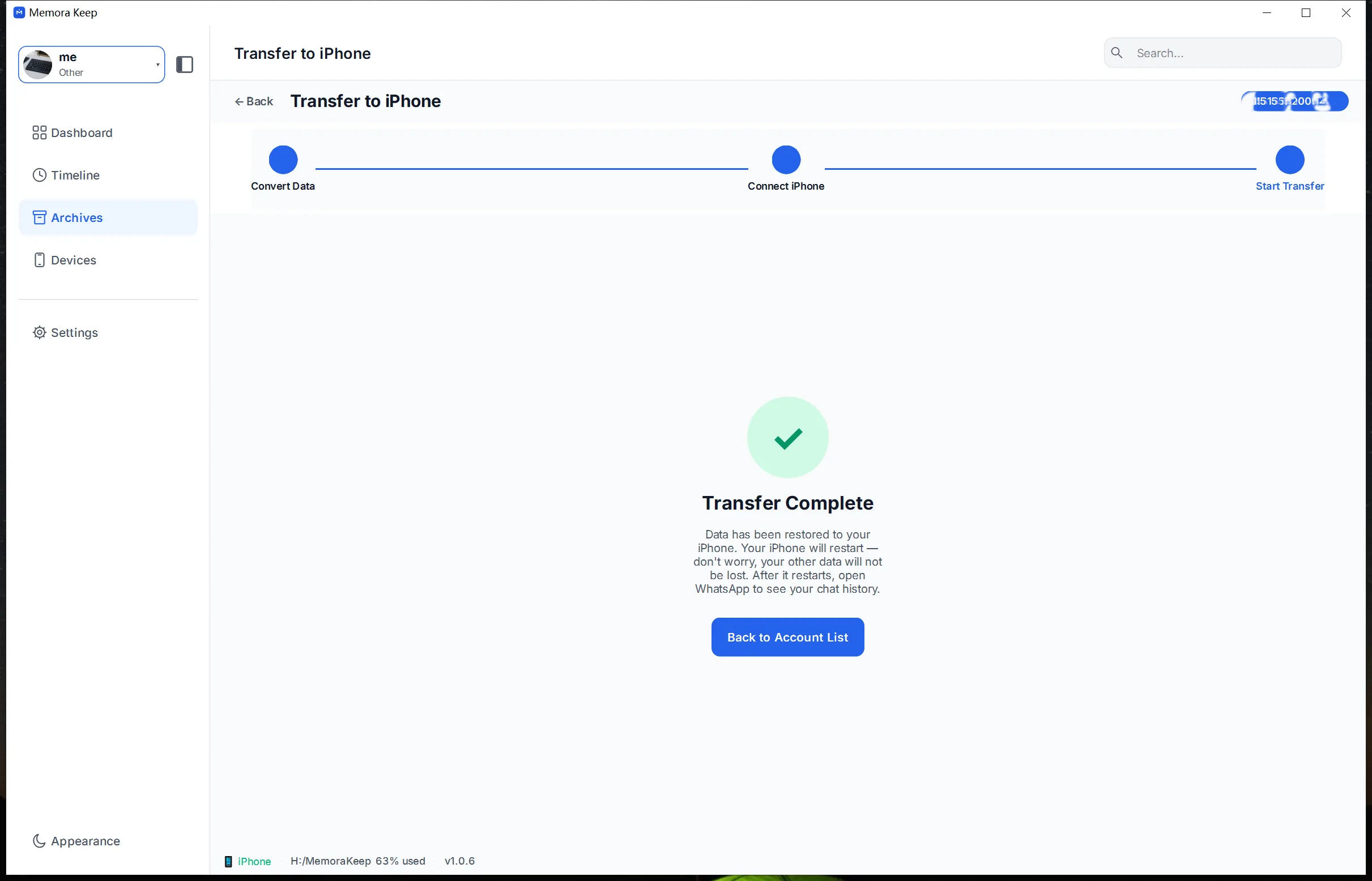 Transfer finished, with the WhatsApp data written to the iPhone