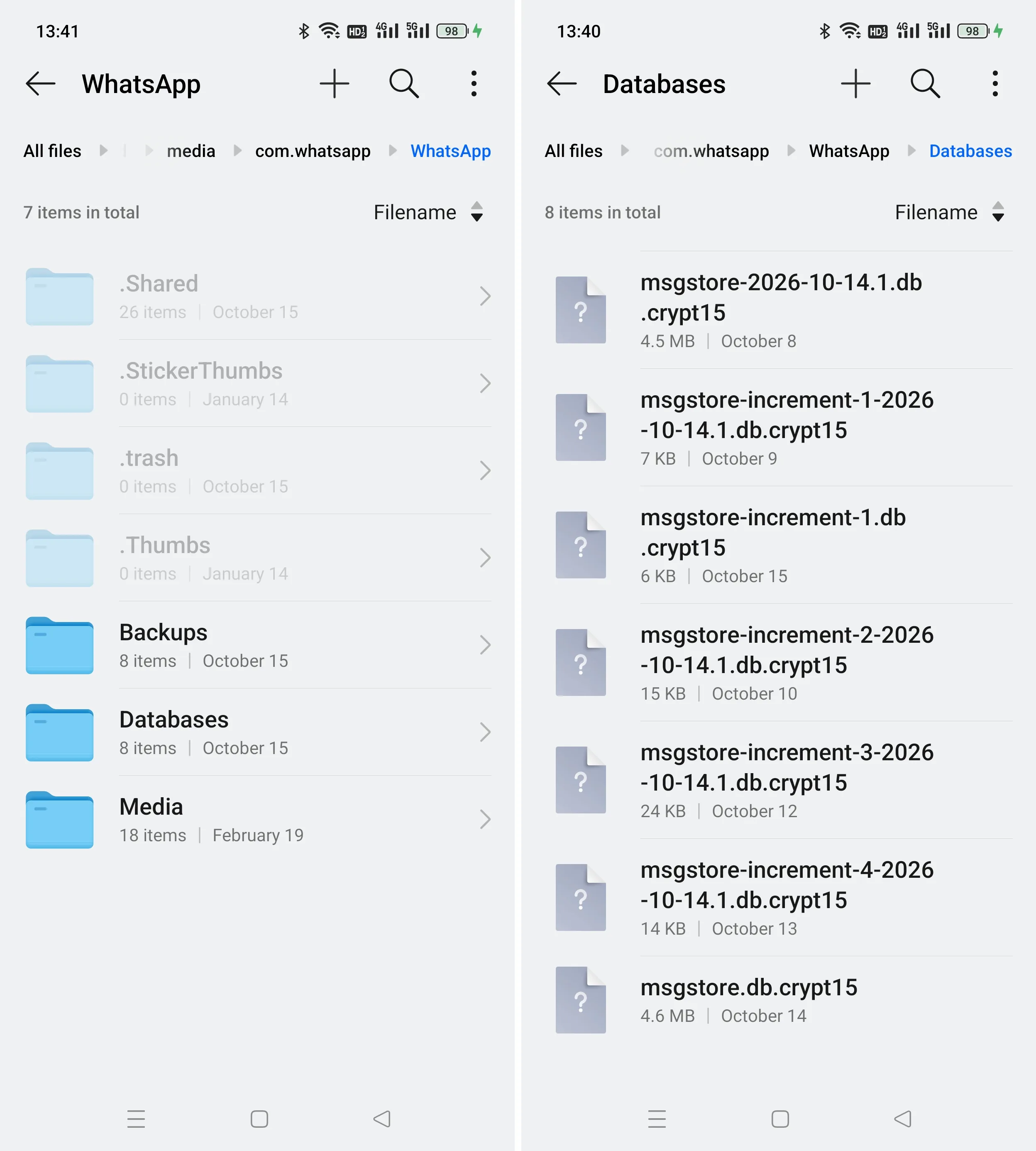 Файловый менеджер телефона с папками WhatsApp и зашифрованными базами